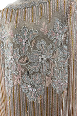 Gorgeous 1980s Unlabeled Fernando Pena Metallic Gold Thread & Pink Bead Sequin & Net Dress