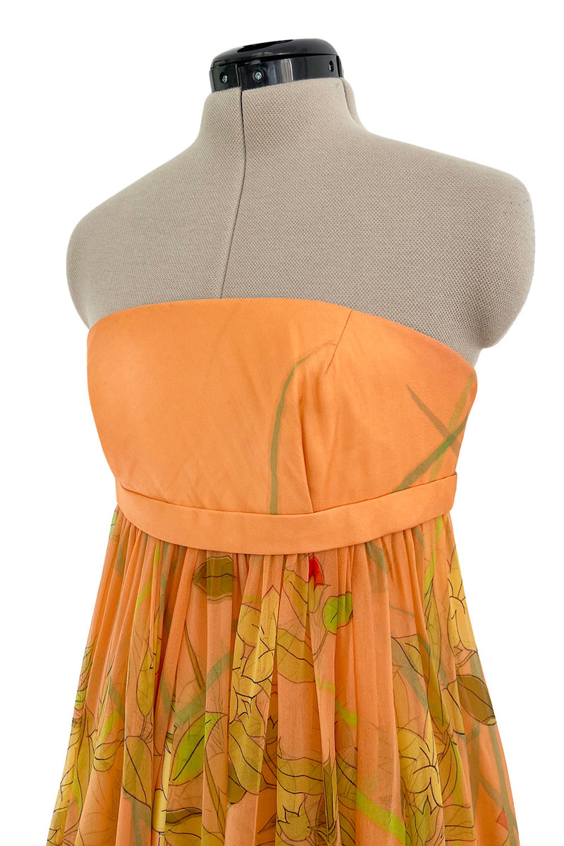 Gorgeous 1968 Hanae Mori Strapless Pastel Peach Floral Print Chiffon & Silk Dress w Shawl