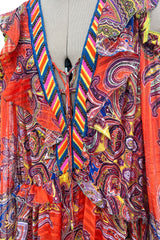 Recent Etro Gorgeous Printed Coral Ribbon Silk Chiffon Caftan Dress w Plunge Lace Up Neckline