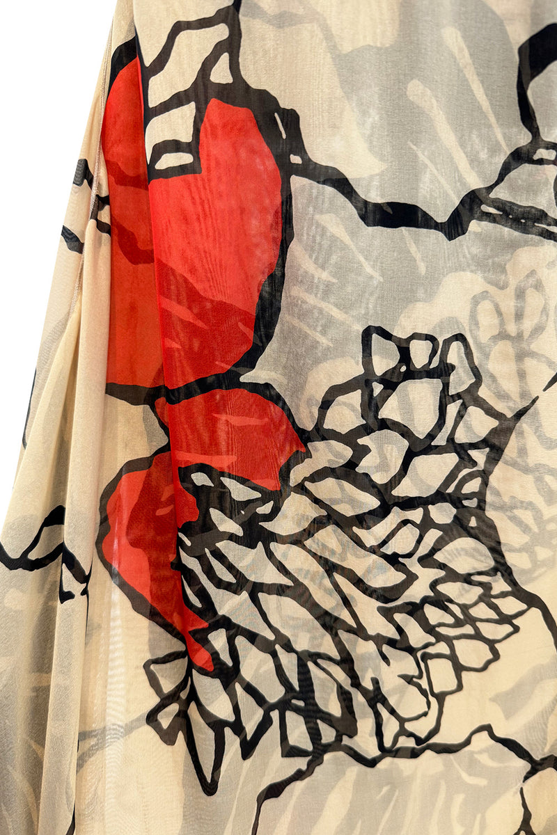 Gorgeous Early 2000s Valentino Roma Bias Cut Floral Print Dress w Bright Pops of Coral Red