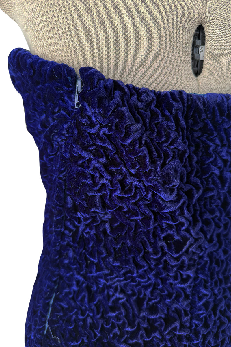 Fantastic Fall 1986 Yves Saint Laurent Runway Strapless Deep Purple-Blue Hand Gathered Velvet Dress
