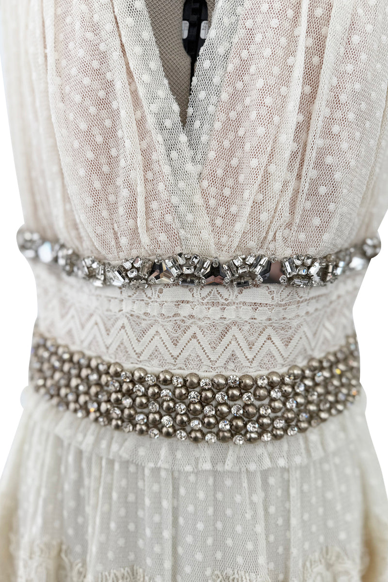 Gorgeous 2010s Lanvin Blanche by Alber Elbaz Dotted Net Plunge Dress w Rhinestone Details