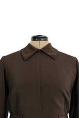 Elegant 1970s Madame Gres Haute Couture Chocolate Brown Day Dress w Full Sleeves & Collar