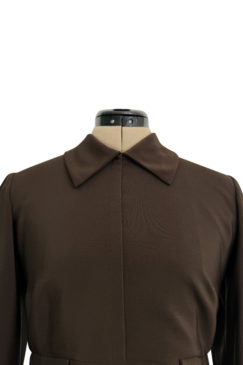 Elegant 1970s Madame Gres Haute Couture Chocolate Brown Day Dress w Full Sleeves & Collar