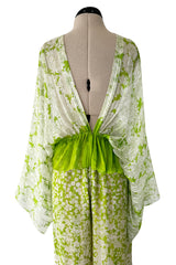 Fantastic 1970s Pauline Trigere Two Piece Green Silk Chiffon  Plunge Top & Wide Leg Pant Set