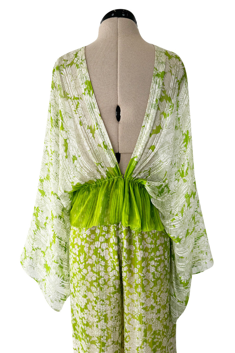 Fantastic 1970s Pauline Trigere Two Piece Green Silk Chiffon  Plunge Top & Wide Leg Pant Set