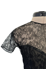 Incredible 1990s Oscar de la Renta Fine Black Lace Dress w Full Ruffled Skirt