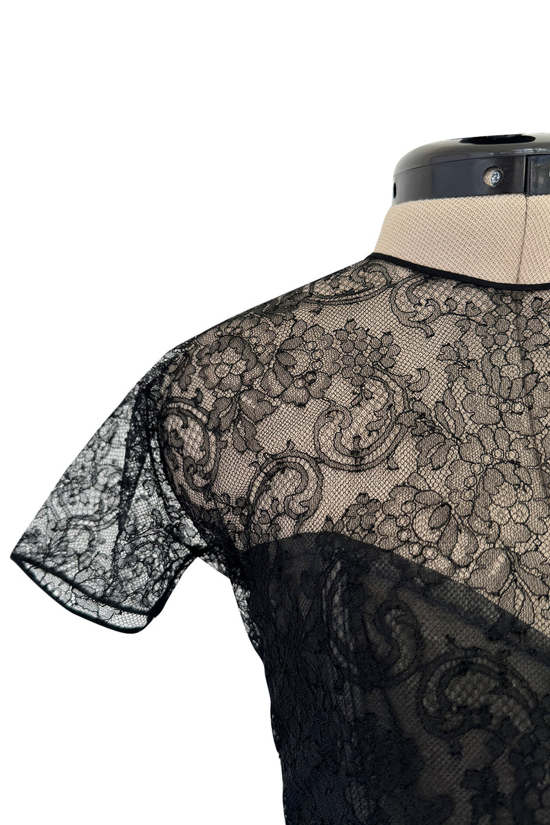 Incredible 1990s Oscar de la Renta Fine Black Lace Dress w Full Ruffled Skirt