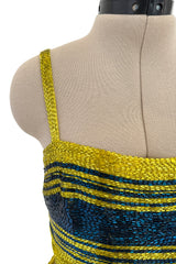Exceptional 1960s James Galanos Yellow Silk Crepe w Blue & Yellow Beaded Back Cut Out Top