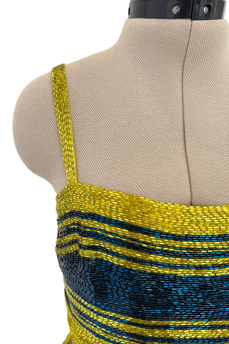 Exceptional 1960s James Galanos Yellow Silk Crepe w Blue & Yellow Beaded Back Cut Out Top