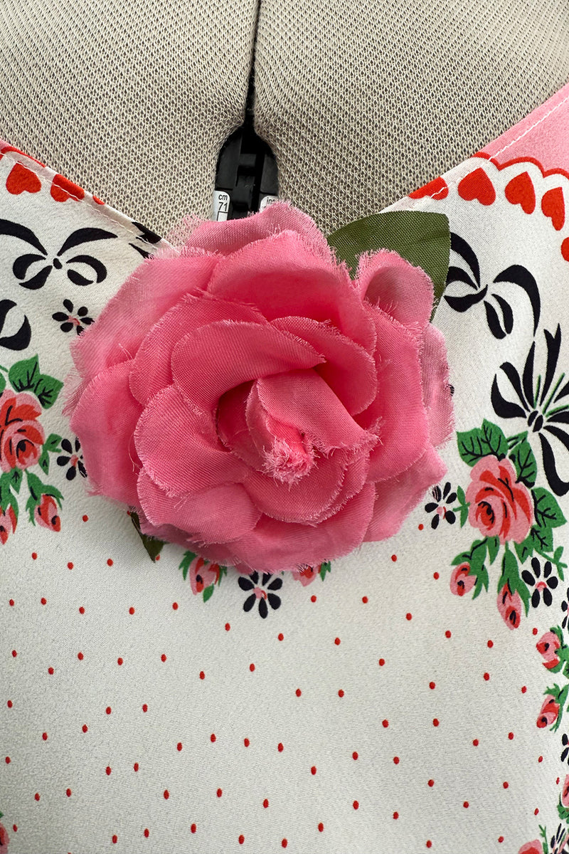 Prettiest Spring 2021 Rodarte Runway Look 20 Bias Cut Silk Pink Print Flower & Hearts Dress w Removable Flower