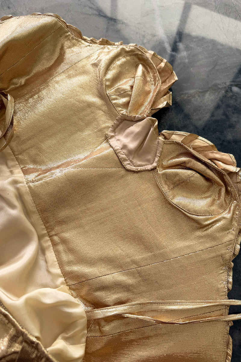 Outstanding Spring 1986 Thierry Mugler Pleated Metallic Gold Lurex Pleated Strapless Bodice 'Shell' Dress