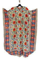 Prettiest 1960s Hand Block Printed Coral Blue & Ivory 100% Cotton Full Caftan w Front Belt