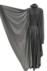 Spectacular 1970s Gina Fratini Metallic Deep Silver Lame Dress w Ruffle Collar &  Angel Sleeves