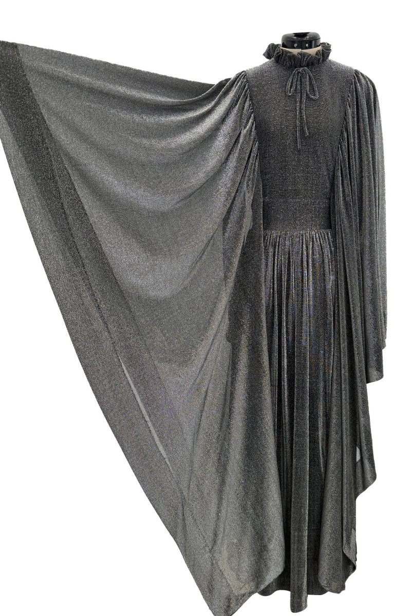 Spectacular 1970s Gina Fratini Metallic Deep Silver Lame Dress w Ruffle Collar &  Angel Sleeves