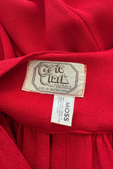 Fantastic Fall 1974 Ossie Clark Runway Documented Red Moss Crepe Dress w Plunging Front & Caped Sleeves
