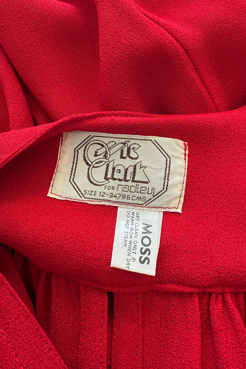 Fantastic Fall 1974 Ossie Clark Runway Documented Red Moss Crepe Dress w Plunging Front & Caped Sleeves