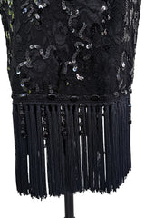 Fall 1992 Emanuel Ungaro Strapless Sequin SIlk & Lace Black Dress w Fringed & Beaded Hem