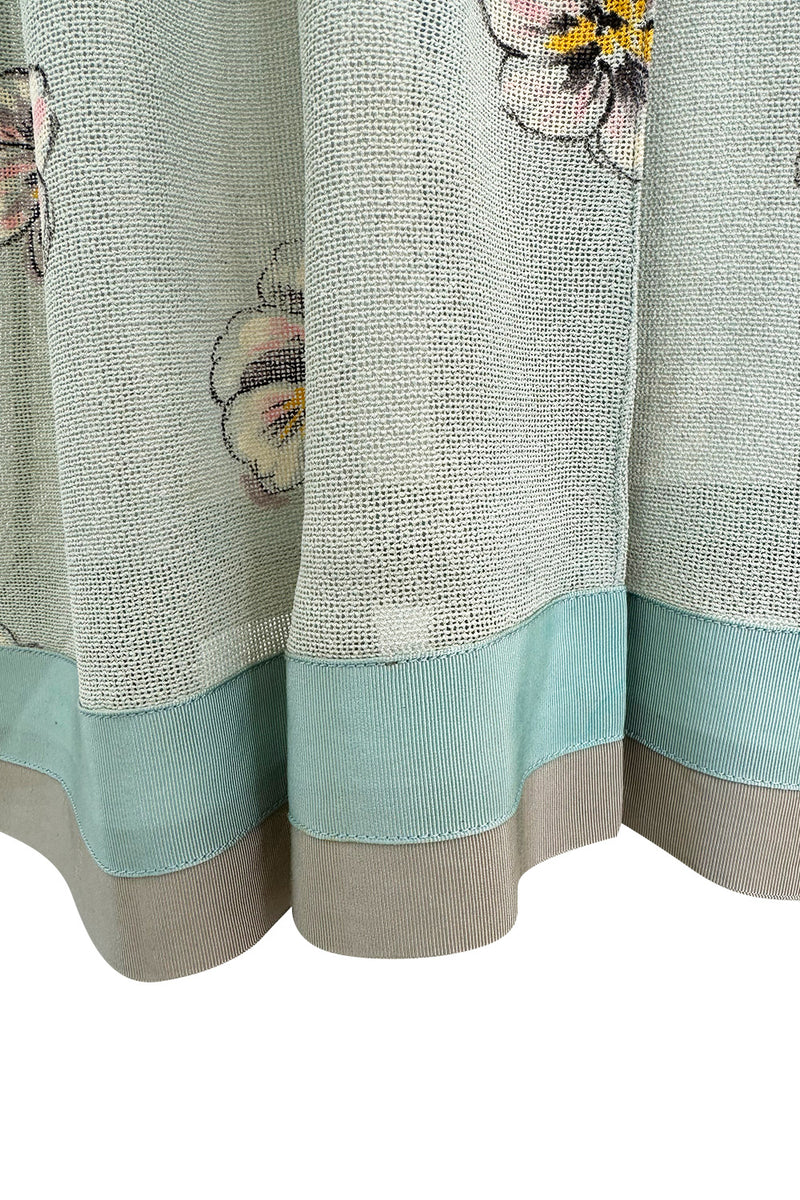 Prettiest 1930s Unlabeled Blue Handpainted Floral Dress Made of Unusual Woven Fabric