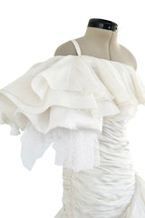 Spring 1988 Emanuel Ungaro Haute Couture Ivory Silk, Silk Net & Dotted Tulle One Shoulder Trained Mini Dress