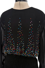 Spectacular 1970s Givenchy by Hubert de Givenchy Black Chiffon Dress w Colored Rhinestones