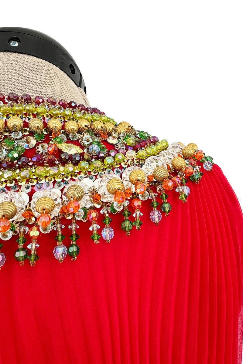 Prettiest Unlabeled 1960s Red Pleated Chiffon Dress w Densely Beaded & Sequin Bib Collar