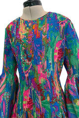 Important 1971 Pierre Cardin Couture Silk Organza Bell Sleeve Dress w Flat Pleated Bodice & Sleeves