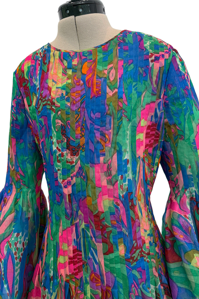 Important 1971 Pierre Cardin Couture Silk Organza Bell Sleeve Dress w Flat Pleated Bodice & Sleeves