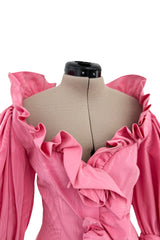 Phenomenal Spring 1988 Jean Louis Scherrer Haute Couture Pink Ruffle Suit w Balloon Sleeves