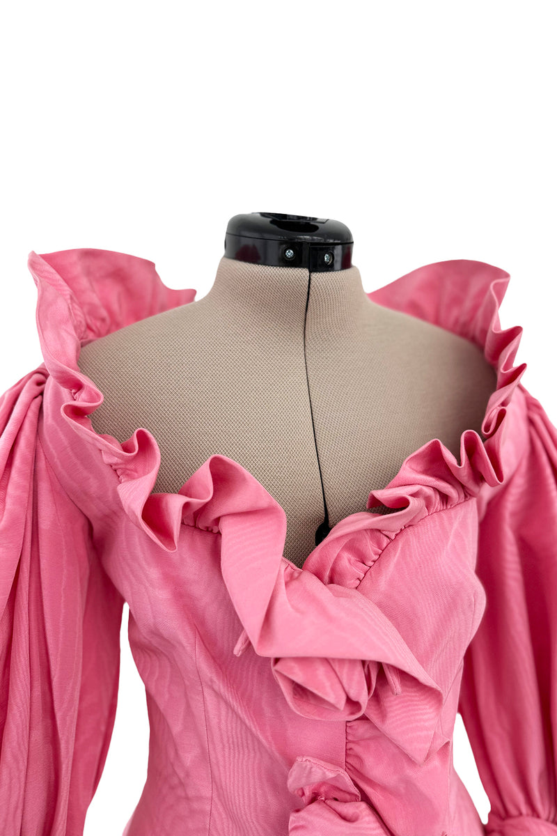 Phenomenal Spring 1988 Jean Louis Scherrer Haute Couture Pink Ruffle Suit w Balloon Sleeves
