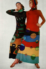 Fantastic Spring 1970 Louis Feraud Easy-to-Wear Printed Purple & Pink on Black Jersey Dress