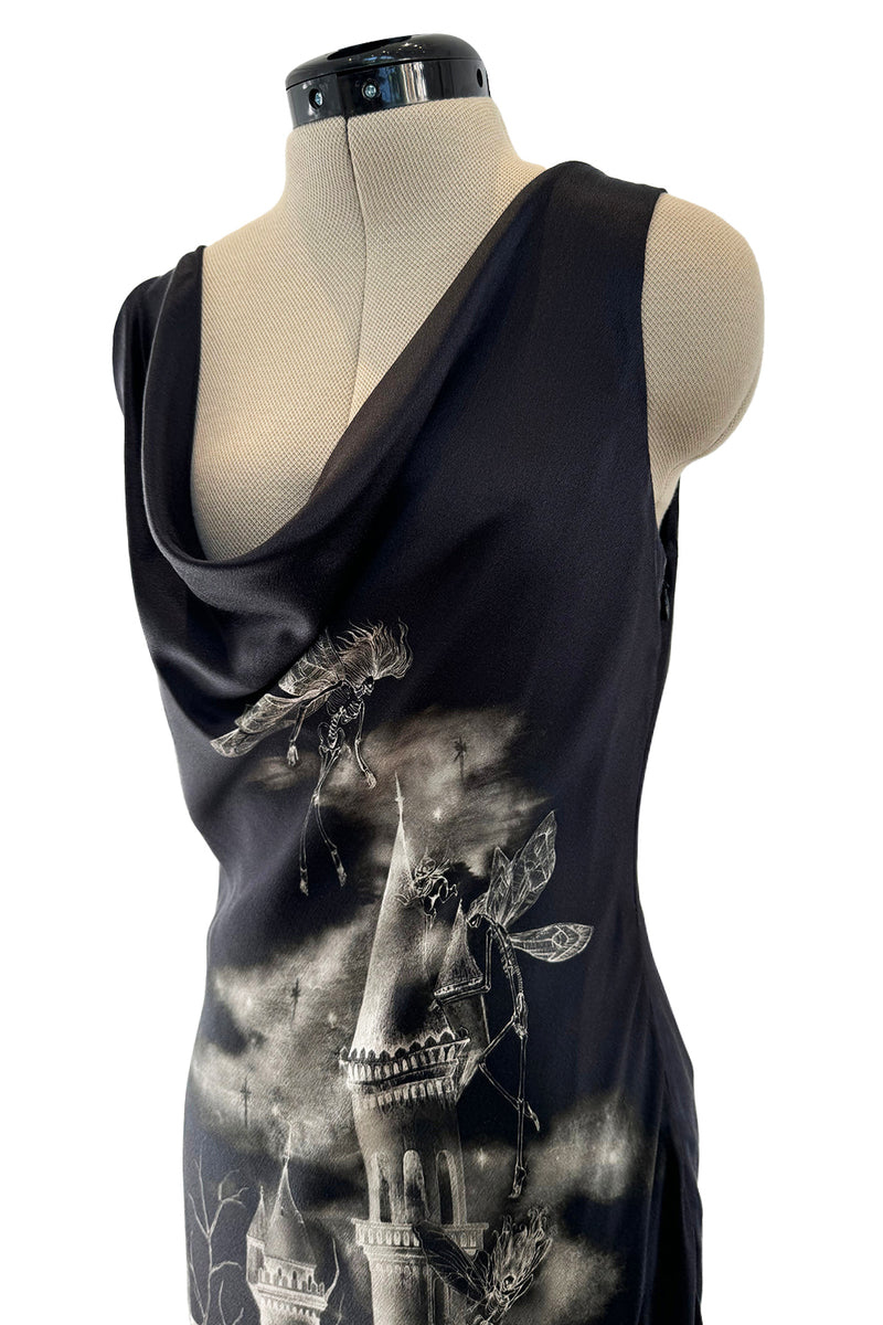 Iconic 2007 Alexander McQueen Fairy / Skeleton Castle Print Silk Bias Cut