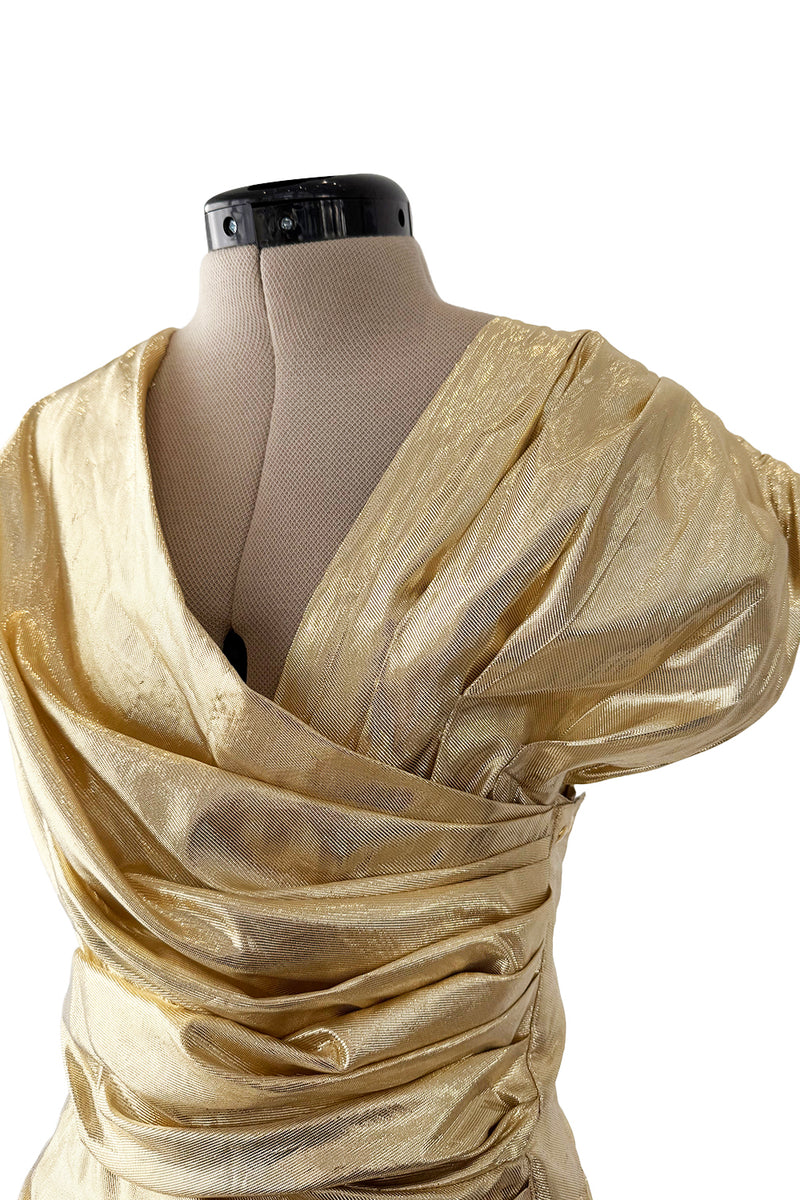 Museum Held 1986 Thierry Mugler Gold Feather Light Lame Dress w Gathered Sides