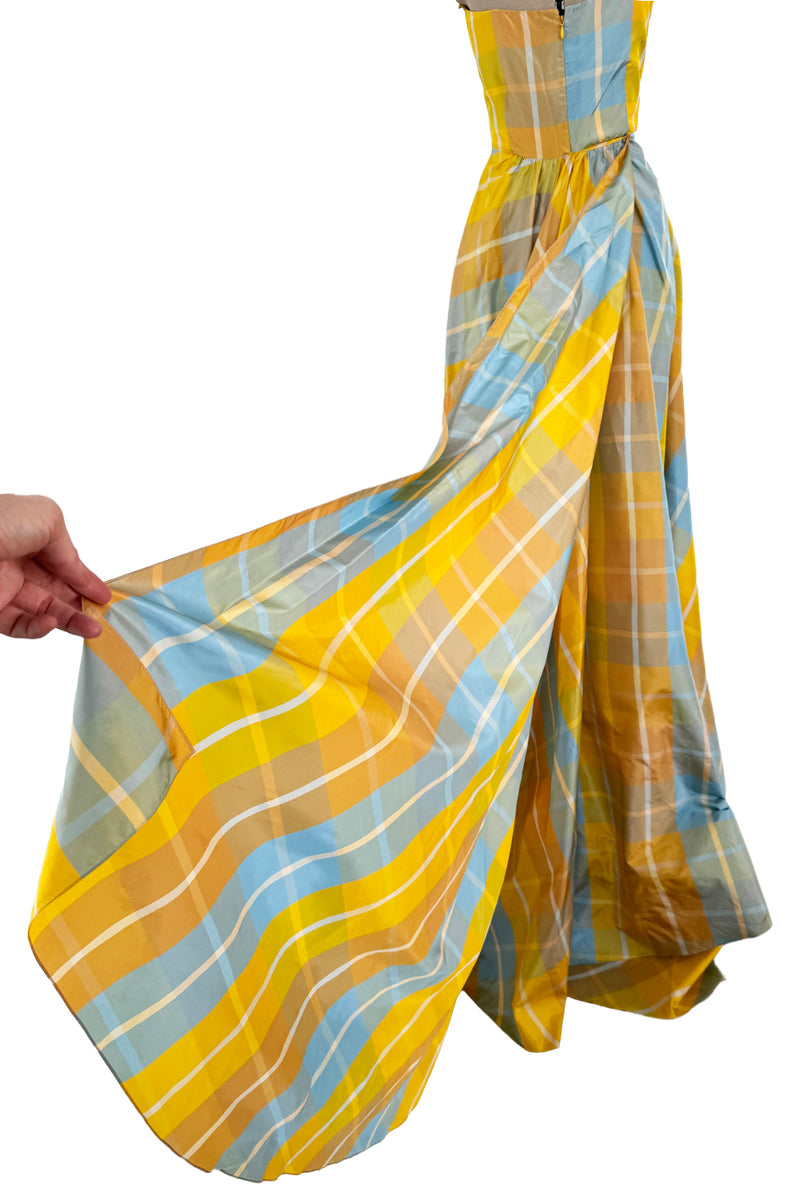 Beautiful Late 1980s Pierre Balmain Pastel Blue & Yellow Feather Light Strapless Silk Dress w Full Skirt