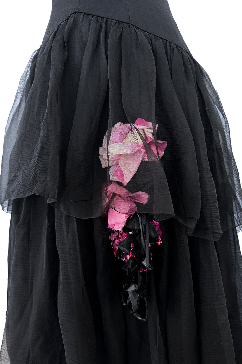 1940s Jean Patou Haute Couture Strapless Black Silk Chiffon Dress w Tiered Full Skirt