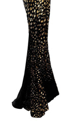 Gorgeous Spring 2005 Roberto Cavalli Black & Gold Feather Print Bias Cut Silk Dress w Open Criss Cross Back