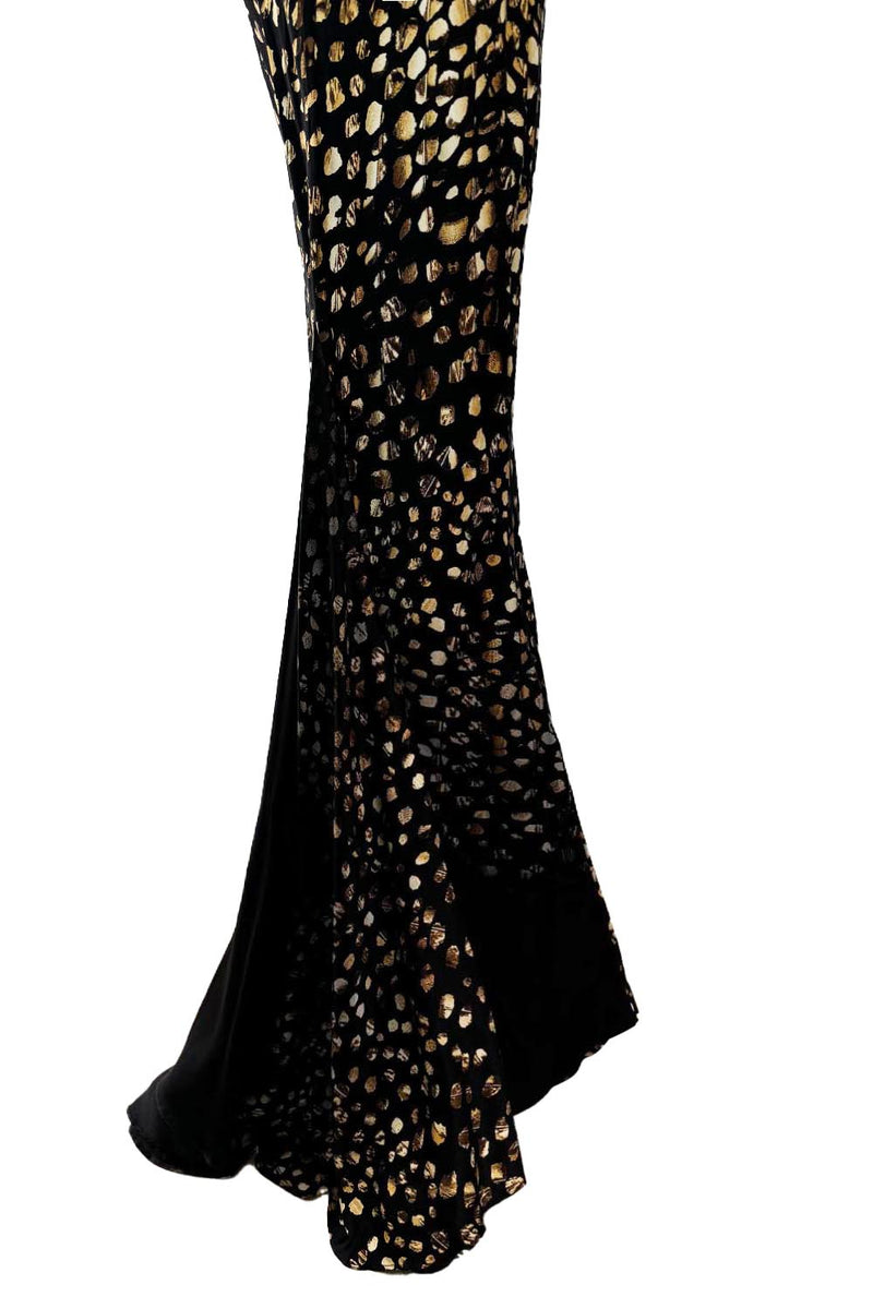 Gorgeous Spring 2005 Roberto Cavalli Black & Gold Feather Print Bias Cut Silk Dress w Open Criss Cross Back