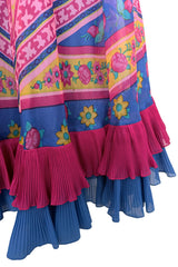 Incredible 1970s Jean Patou Printed Silk Organza Dress w Layered Ruffled Neckline & Hem