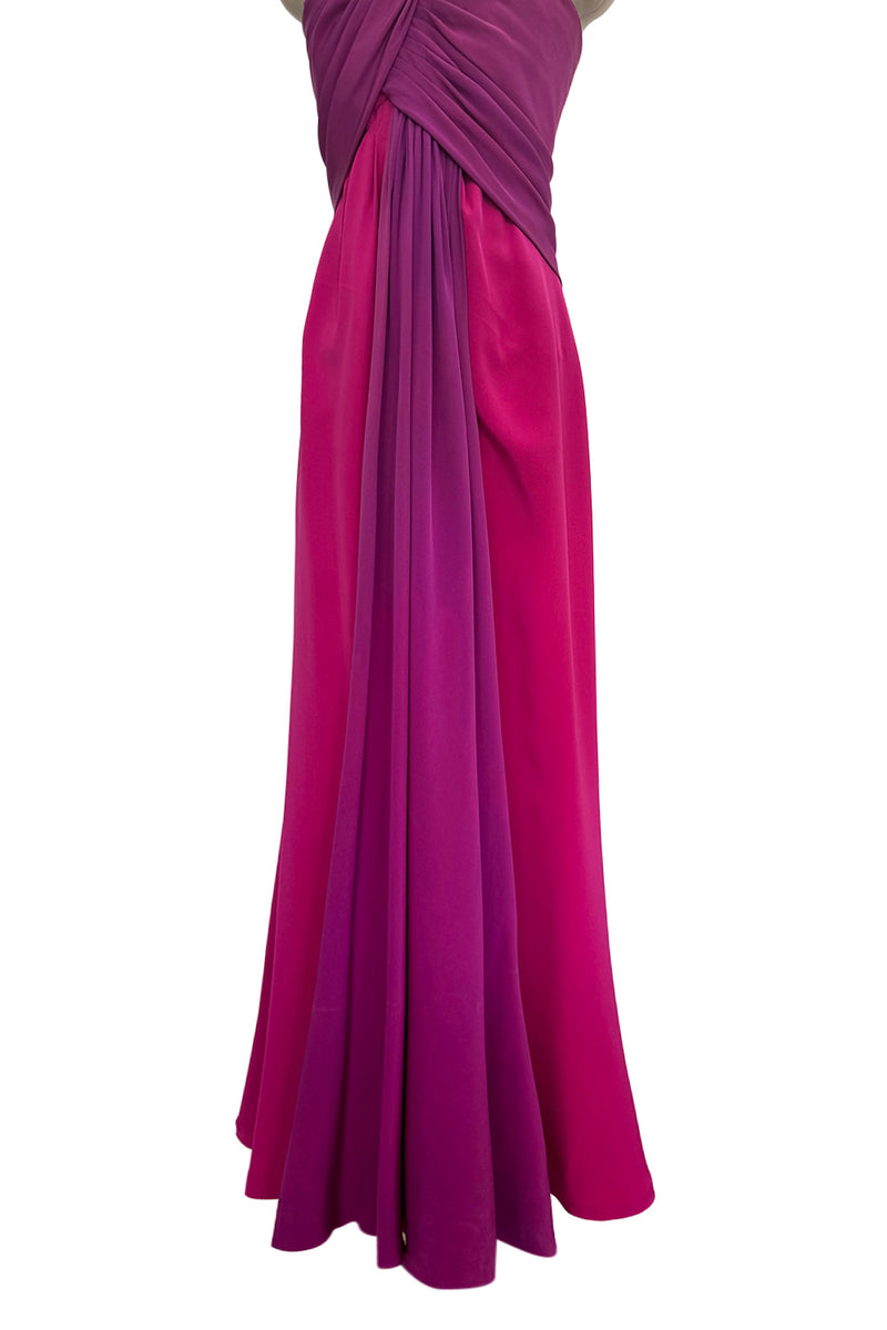 Spring 1985 Yves Saint Laurent Haute Couture Pink Silk Dress w Purple Bodice & Long Front Panel Detail