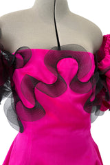 Book Documented Spring 1988 Bill Blass Bright Pink Silk & Black Net Ruffle Dress w Pouf Sleeves