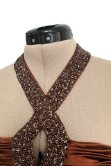 Chic 2000s Gianni Versace Bronze Gathered Silk Bodice Dress w an Elaborately Beaded Cut Out Front & Sweepimng Back
