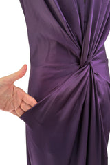Minimalist Spring 2008 Alexander McQueen Purple Bias Cut Silk Dress w Front Plunge & Knot Detailing