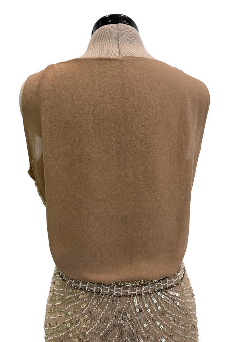 Prettiest 2000s Valentino Roma Metallic Gold Sequin & Bead Silk Chiffon on Netting Top and Skirt Set