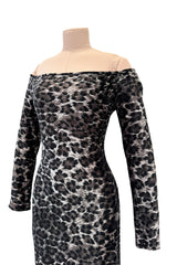 Iconic Fall 1989 Patrick Kelly Off Shoulder Silver Leopard Print Dress in a Soft Stretch Velour