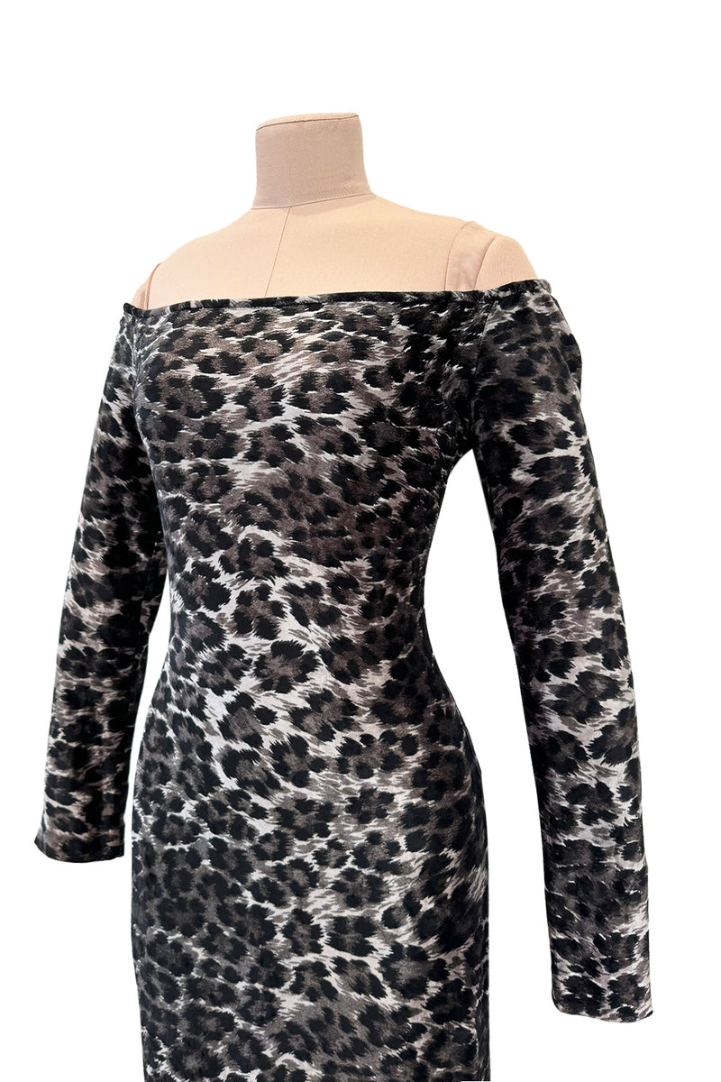 Iconic Fall 1989 Patrick Kelly Off Shoulder Silver Leopard Print Dress in a Soft Stretch Velour