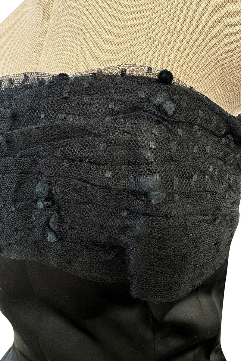 Extraordinary Winter 1954 Cristobal Balenciaga Haute Couture Strapless Black Silk Dress w Lace Bodice