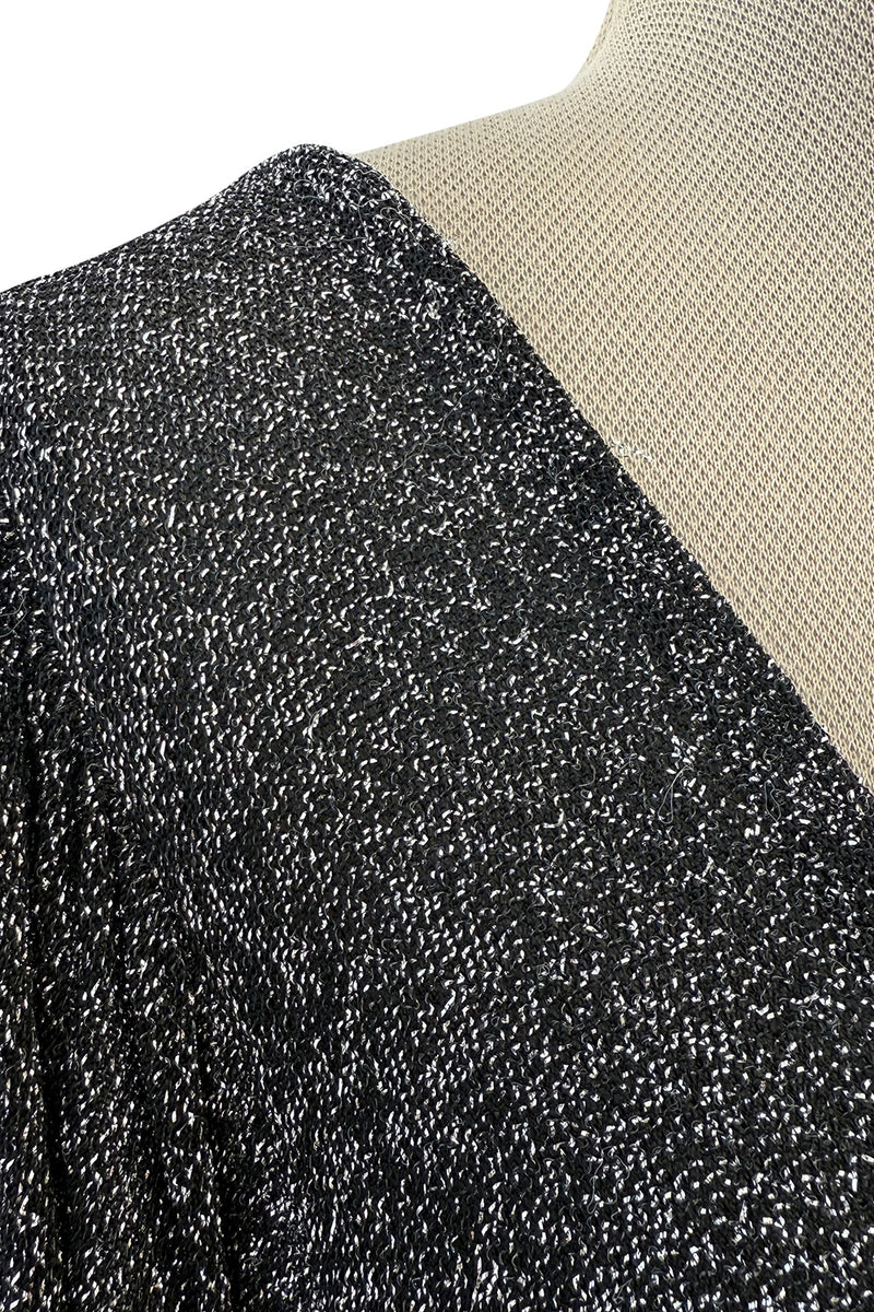 Fabulous 1970s Ossie Clark Metallic Silver & Black Lurex Knit Lame Plunge Dress