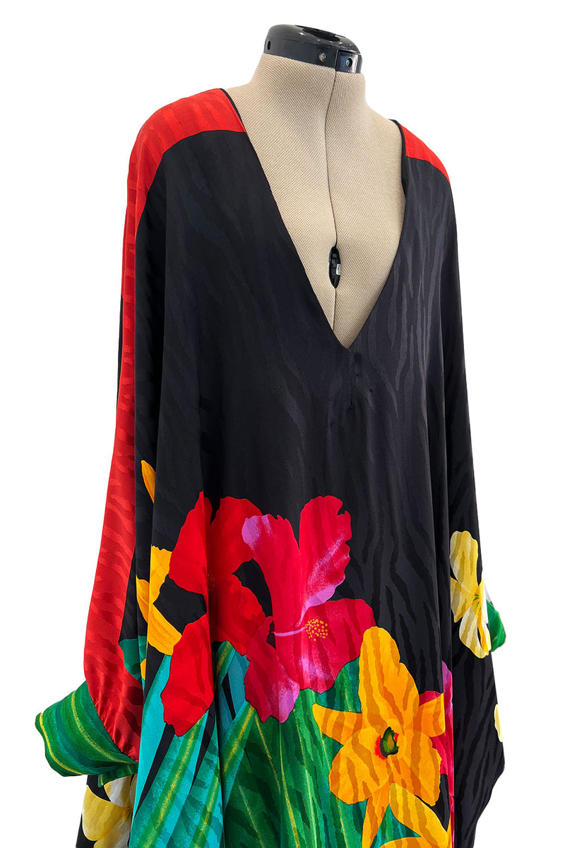 Fabulous 1980s Pauline Trigere Scarf Weight Silk Huge & Brillaint Coloured Floral Printed Caftan Dress
