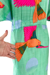 Prettiest 1970s Hanae Mori Green & Tropical Bird Printed Caftan Dress w Curved Sleeves