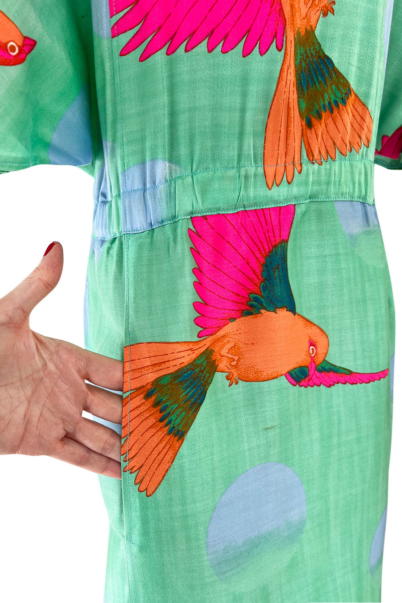 Prettiest 1970s Hanae Mori Green & Tropical Bird Printed Caftan Dress w Curved Sleeves
